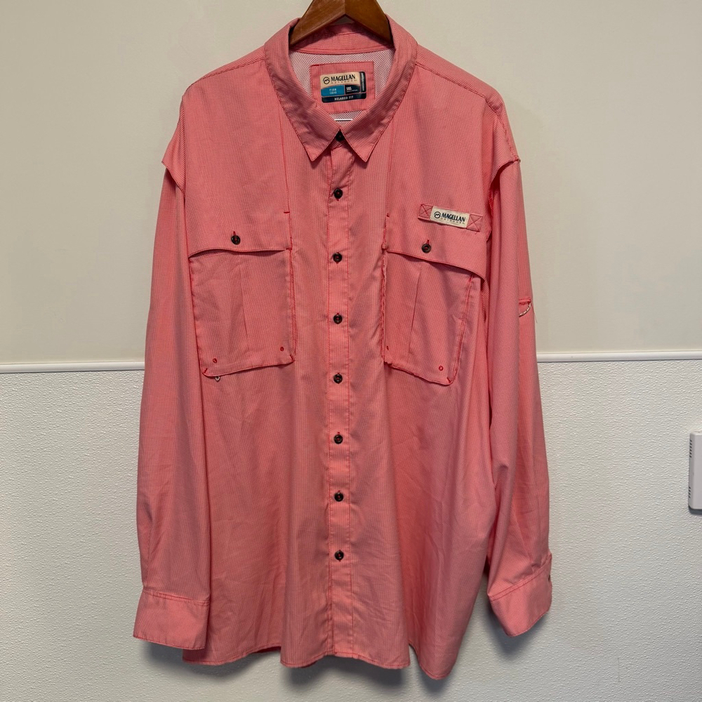 Men's Magellan Outdoors Red White Gingham Casual Button Down Shirt 3XL Fish Gear